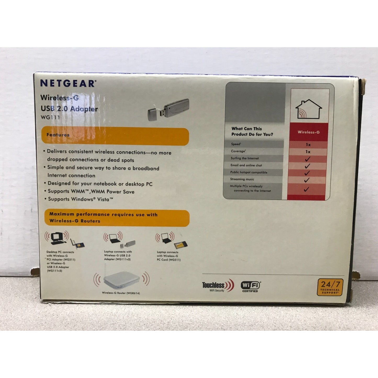 Netgear Wireless-G USB 2.0 Adapter WG111 back of box item details
