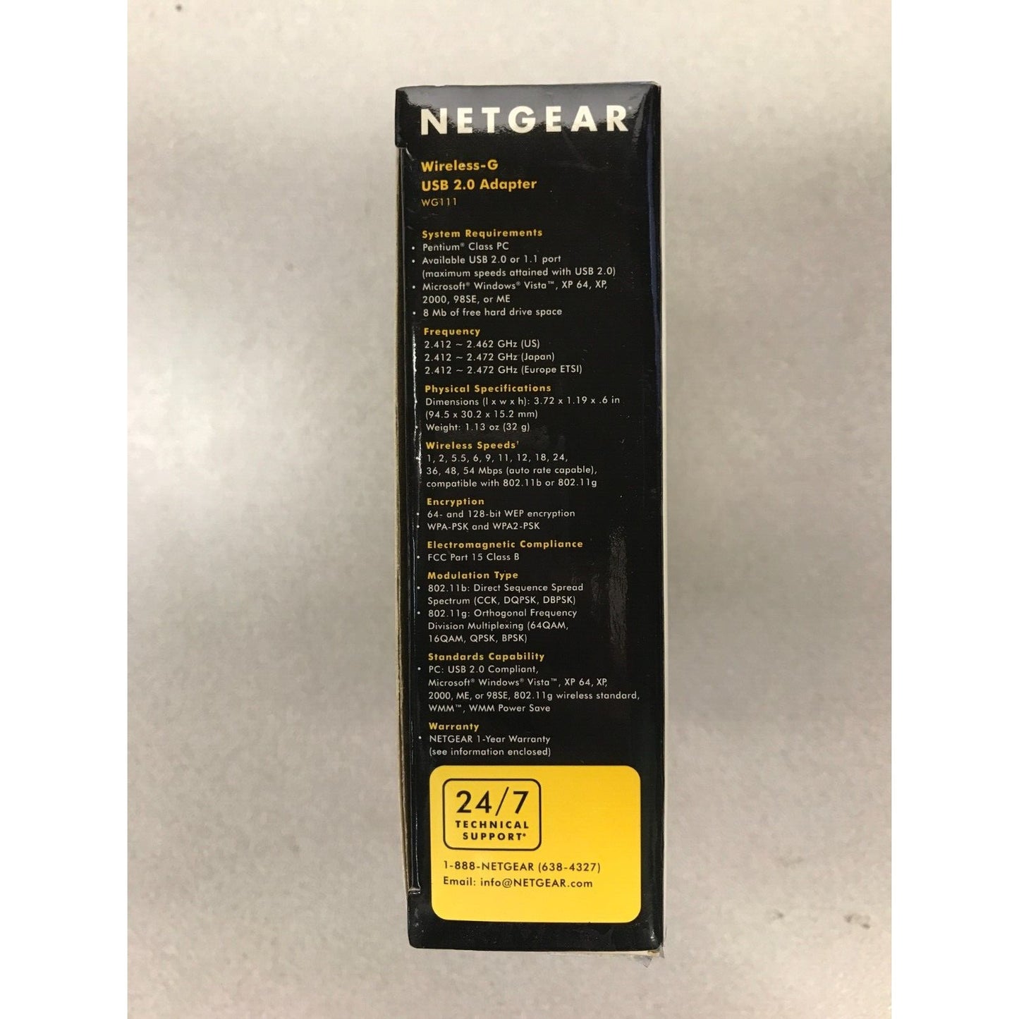 Netgear Wireless-G USB 2.0 Adapter WG111 side of box system requirements, frequency, physical specifications details