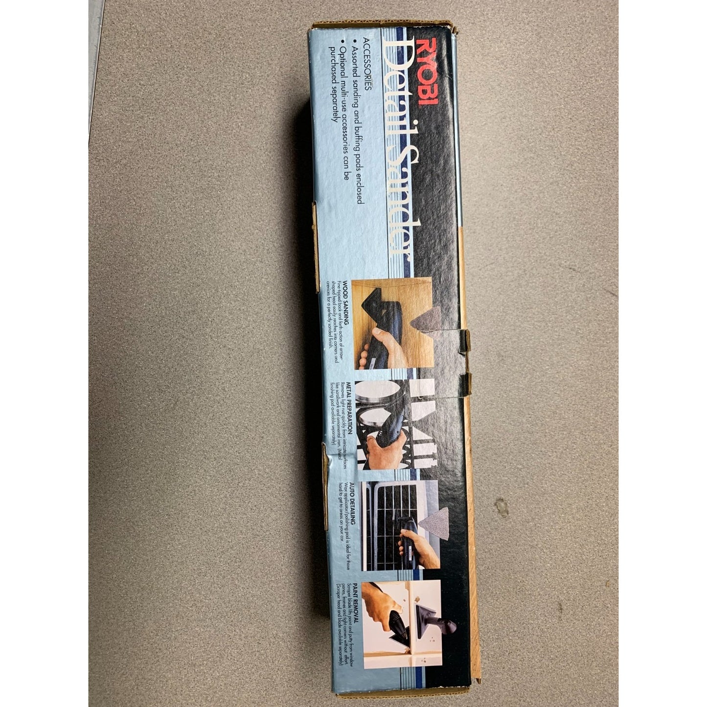 Ryobi Detail Sander DS-1000 front on box item details and uses