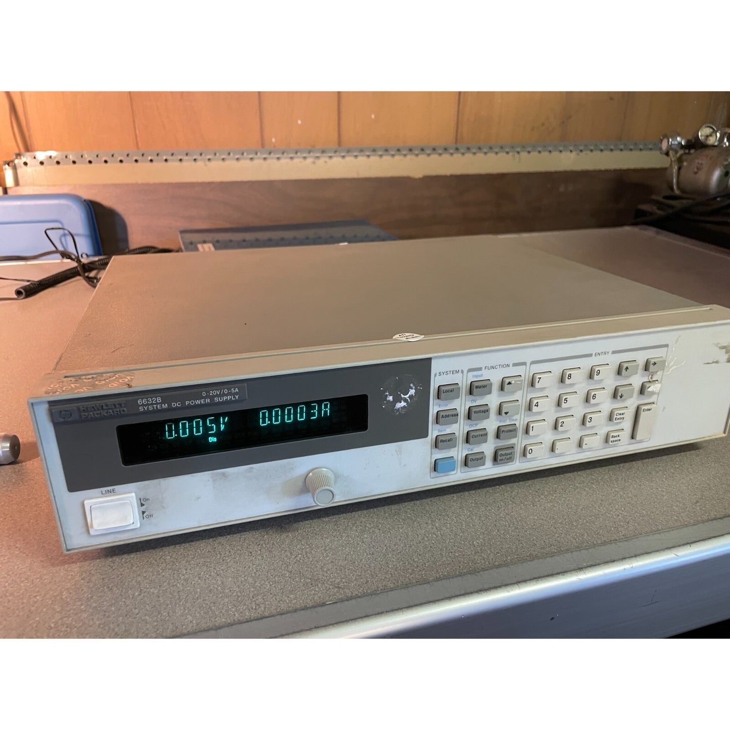 Agilent HP 6632B DC Power Supply, 0-20V/0-5A full front panel view with display illuminated