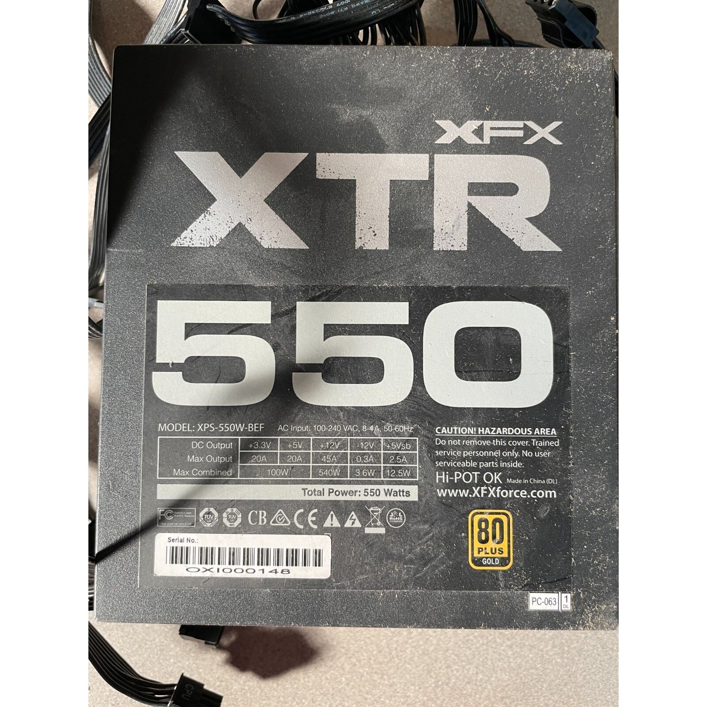 XFX XTR 550 Power Supply Model XPS-550W-BEF back of unit product label