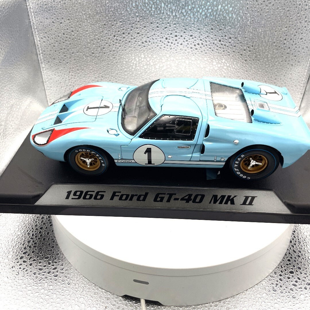 1966 Ford Gt-40 MKII #1 Light Blue Die Cast with Base, Scale: 1/18 driver's side view