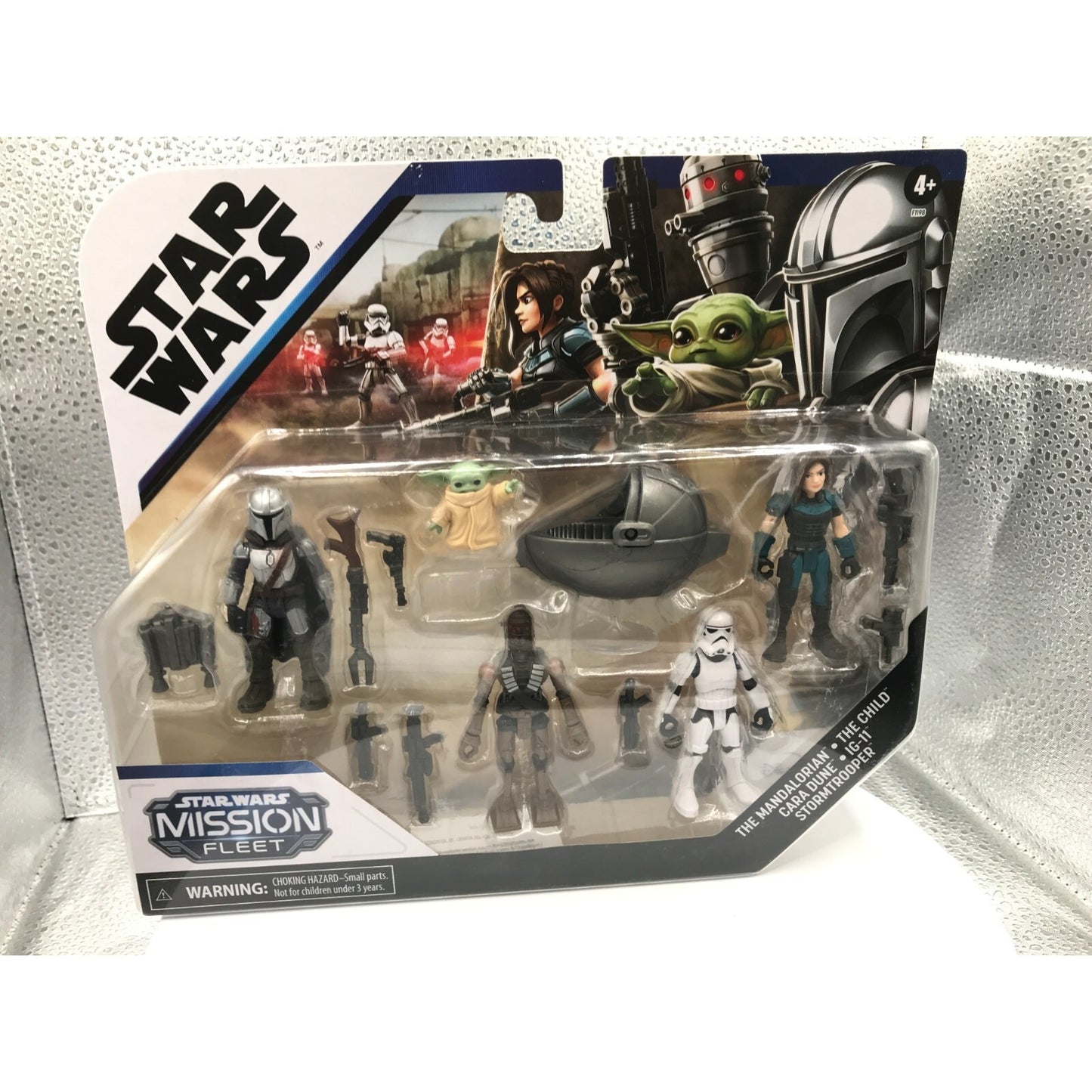 Star Wars Mission Fleet "Mandalorian Set" - The Mandalorian, The Child, Cara Dune, IG-11, Stormtrooper front of package displaying action figures included