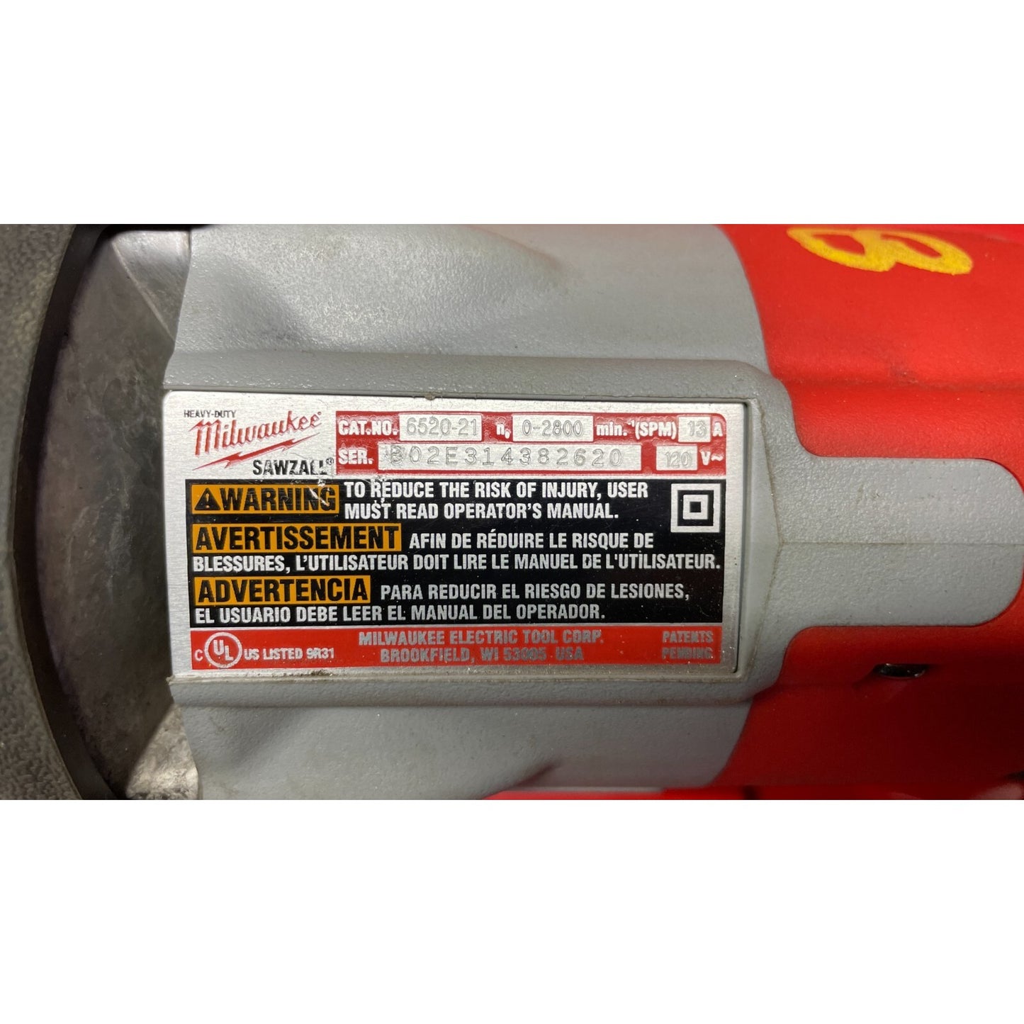 Milwaukee Orbital Sawzall 6520-21 120V product label closeup
