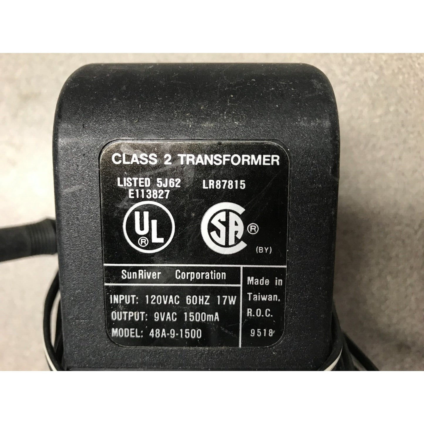 SunRiver Corporation Class 2 Transformer Model 48A-9-1500 Label closeup
