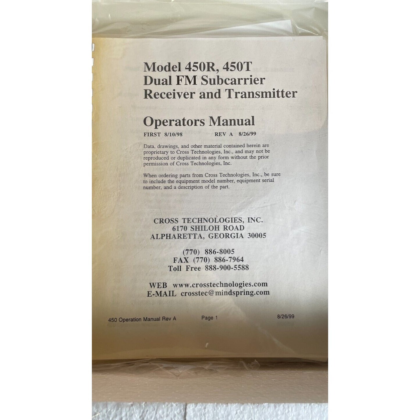 Cross Technologies Inc 450 Subcarrier Transmitter operators manual