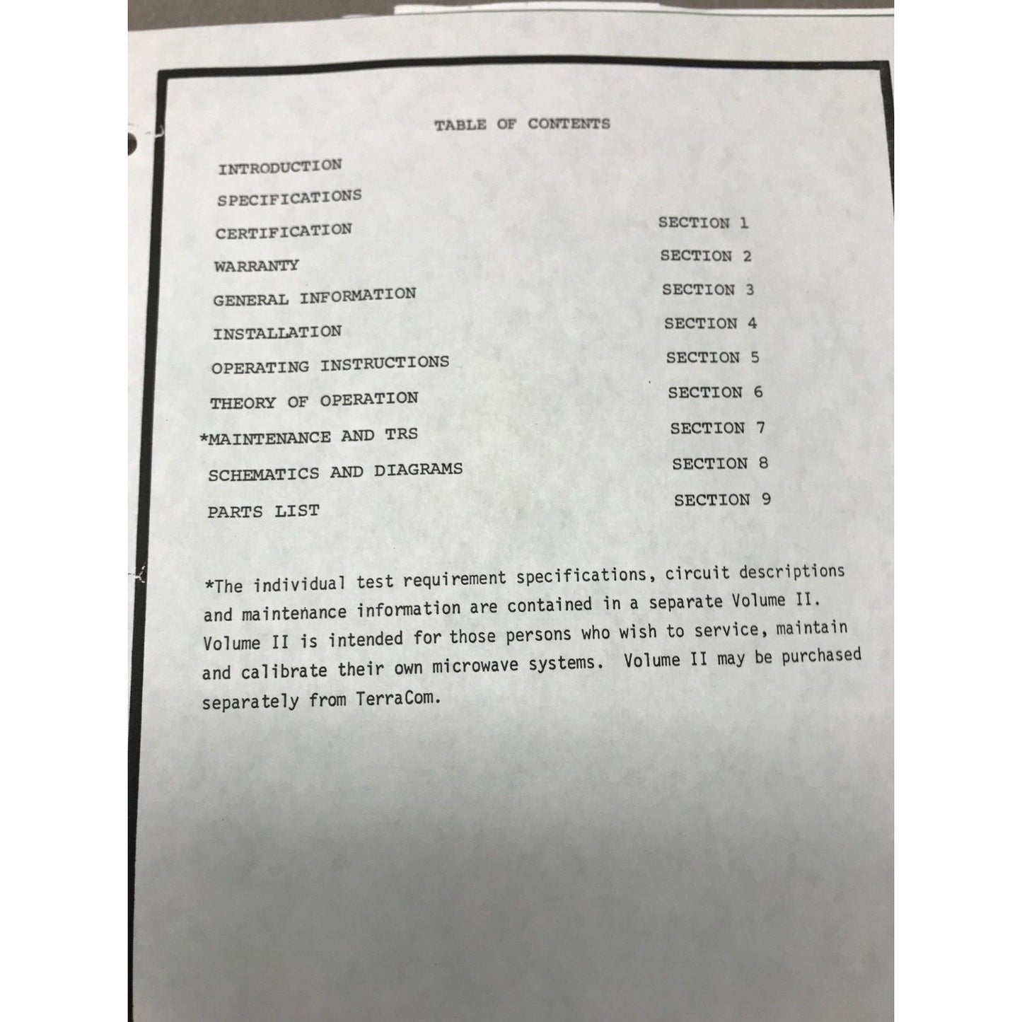 Terracom TCM-6 Series Analog Microwave Product Manual with Schematics table of contents