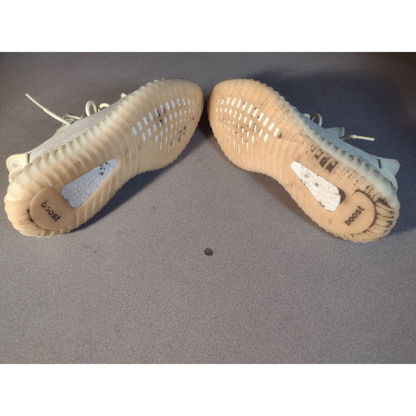 Adidas Yeezy Boost 350 V2, US Size 12 Mens, F36980 Butter view of the shoe soles minor wear
