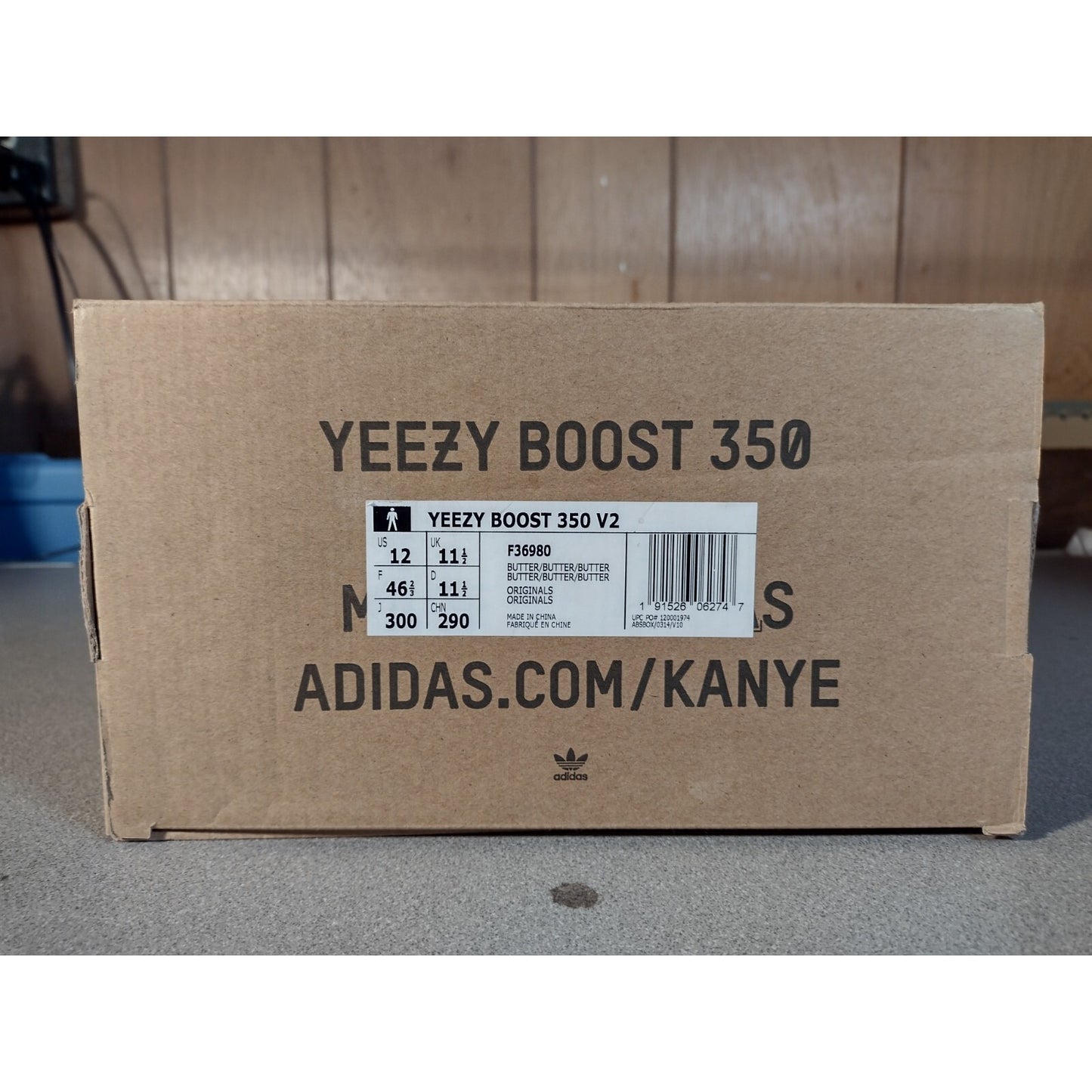 Adidas Yeezy Boost 350 V2, US Size 12 Mens, F36980 Butter side of box with shoe information