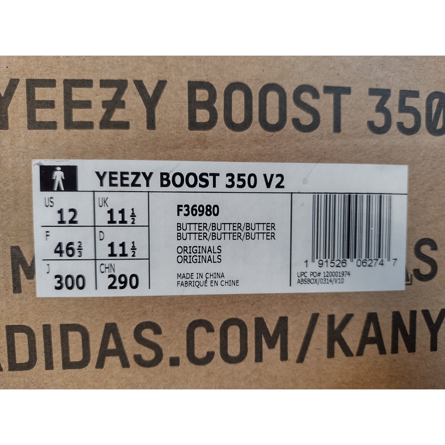 Adidas Yeezy Boost 350 V2, US Size 12 Mens, F36980 Butter closeup of product label on box