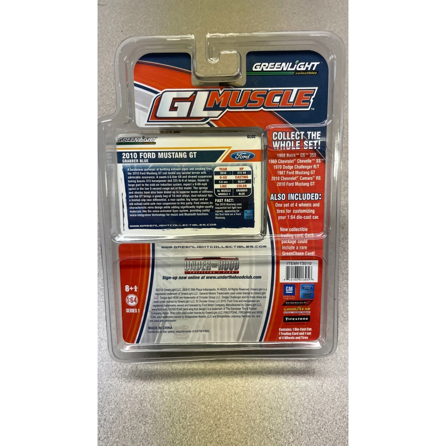 Greenlight 2010 Ford Mustang GT Die Cast Car with Wheels and Trading Card back of package item details
