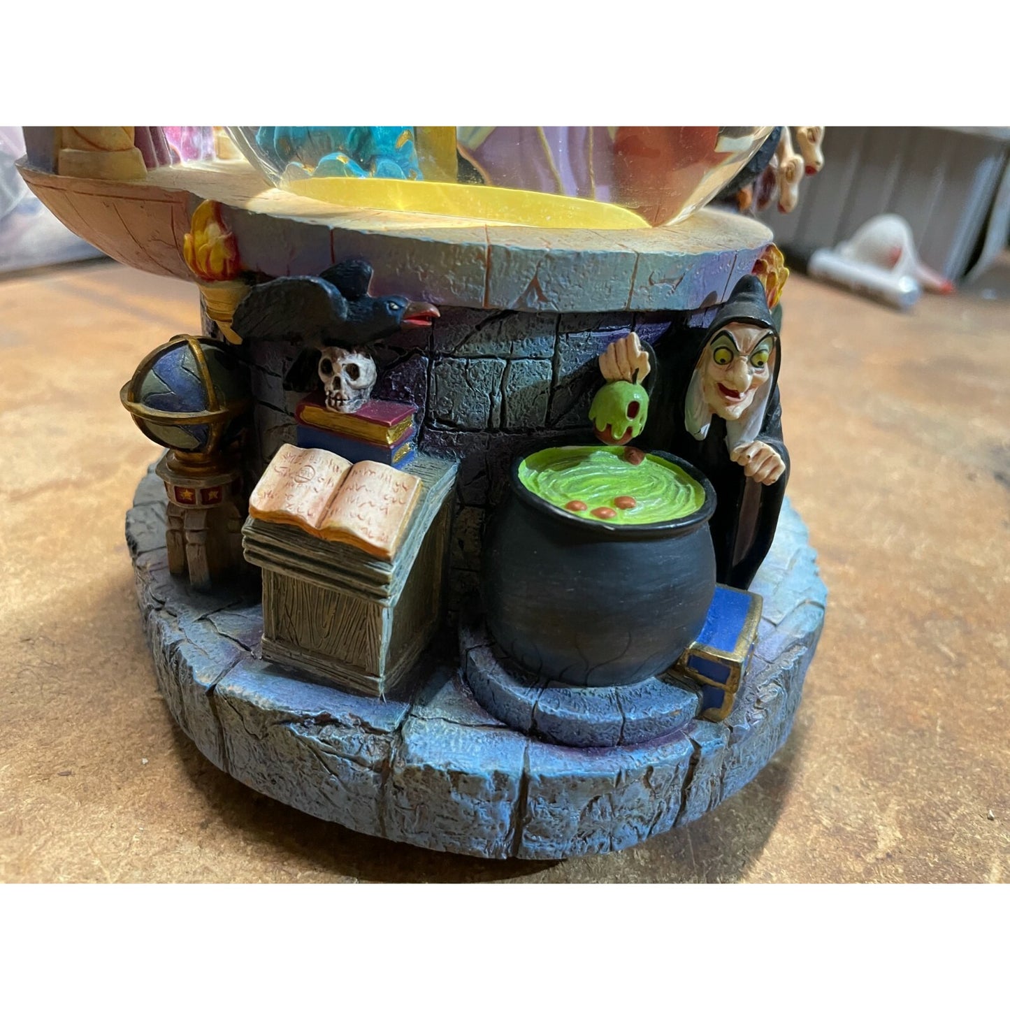 RARE DISNEY VILLAINS EVIL WITCH MIRROR, MIRROR SNOW GLOBE! closeup of front base witch, spell book