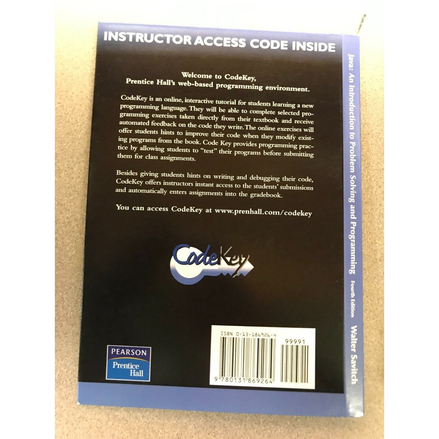 Instructor Access Kit Code Key for Java - An Introduction to Problem Solving and Programming Fourth Edition by Walter Savitch back of package