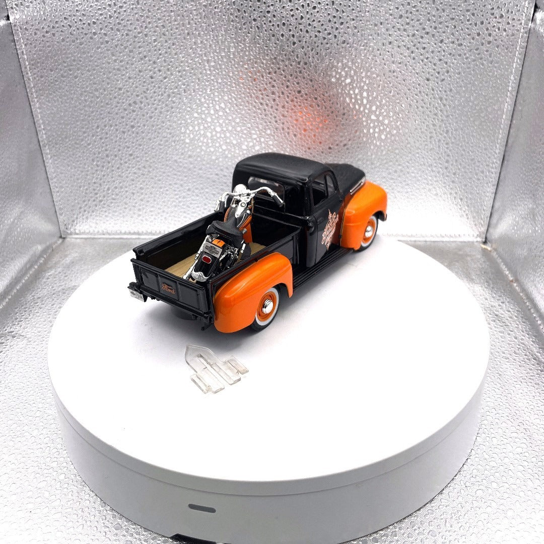 Maisto 1948 Ford F1 Pickup Harley Davidson Die Cast with Motorcycle, Scale: 1/25, No. 01618 back end/passenger side view