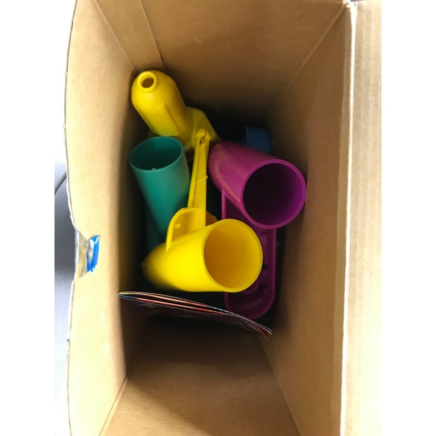Vintage Playskool Sand Works Toy Set inside content of box colorful plastic pieces