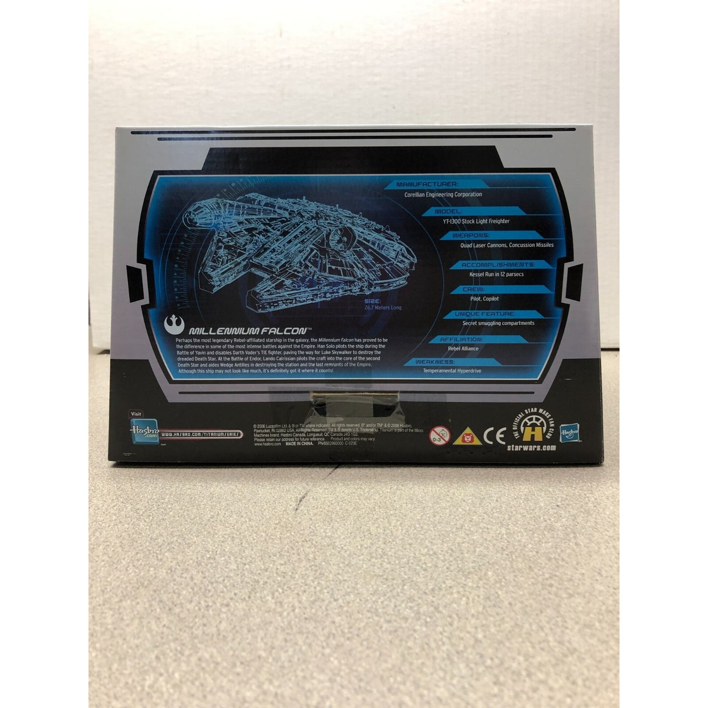Star Wars Titanium Die Cast Millennium Falcon back of package item details
