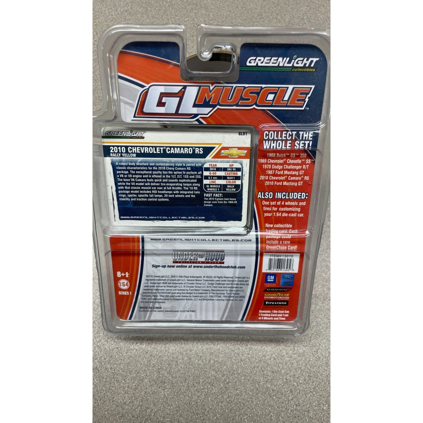 Greenlight 2010 Chevrolet Camaro Die Cast Car with Wheels and Trading Card back of package item details