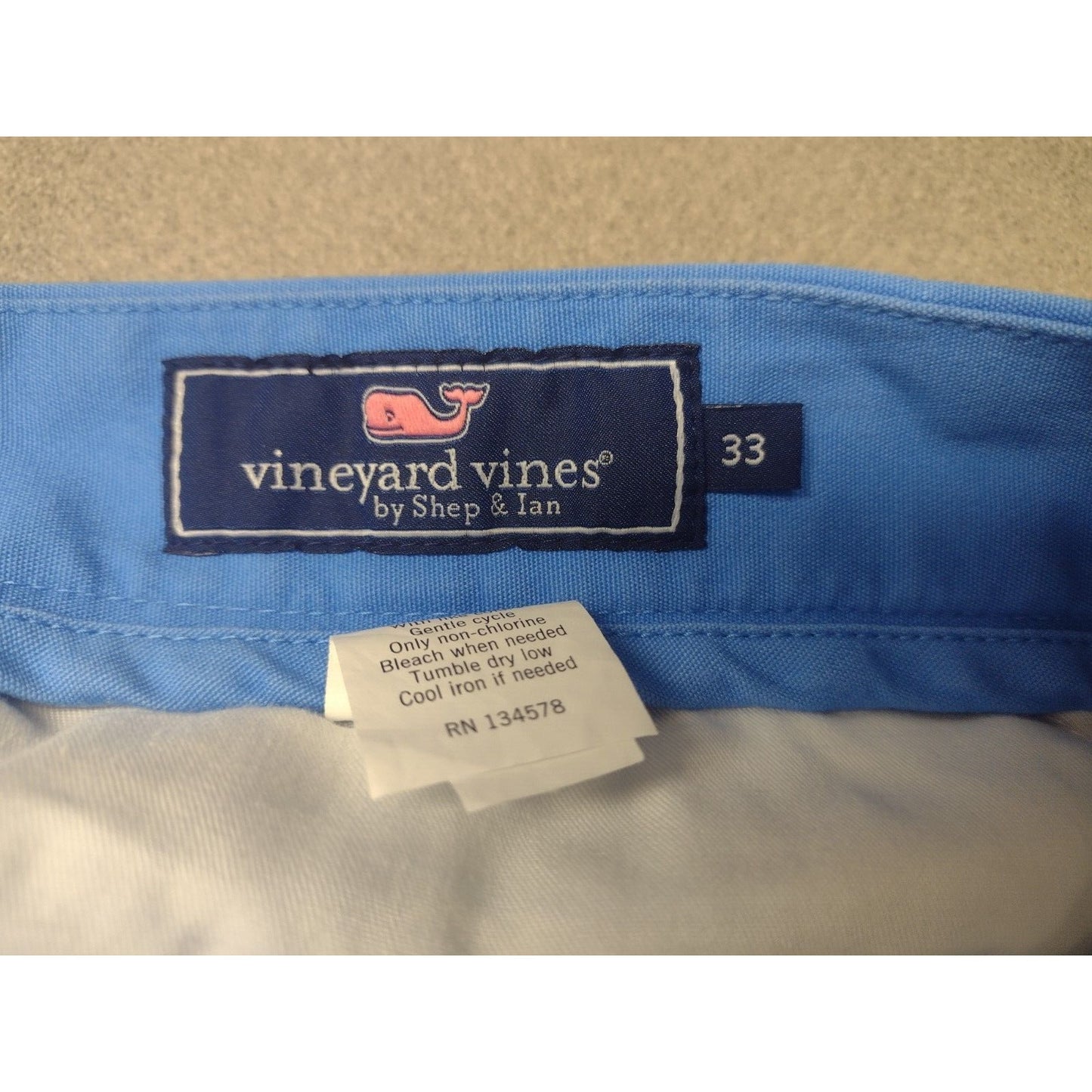Vineyard Vines Blue Crossed Fish Bone Breaker Shorts label