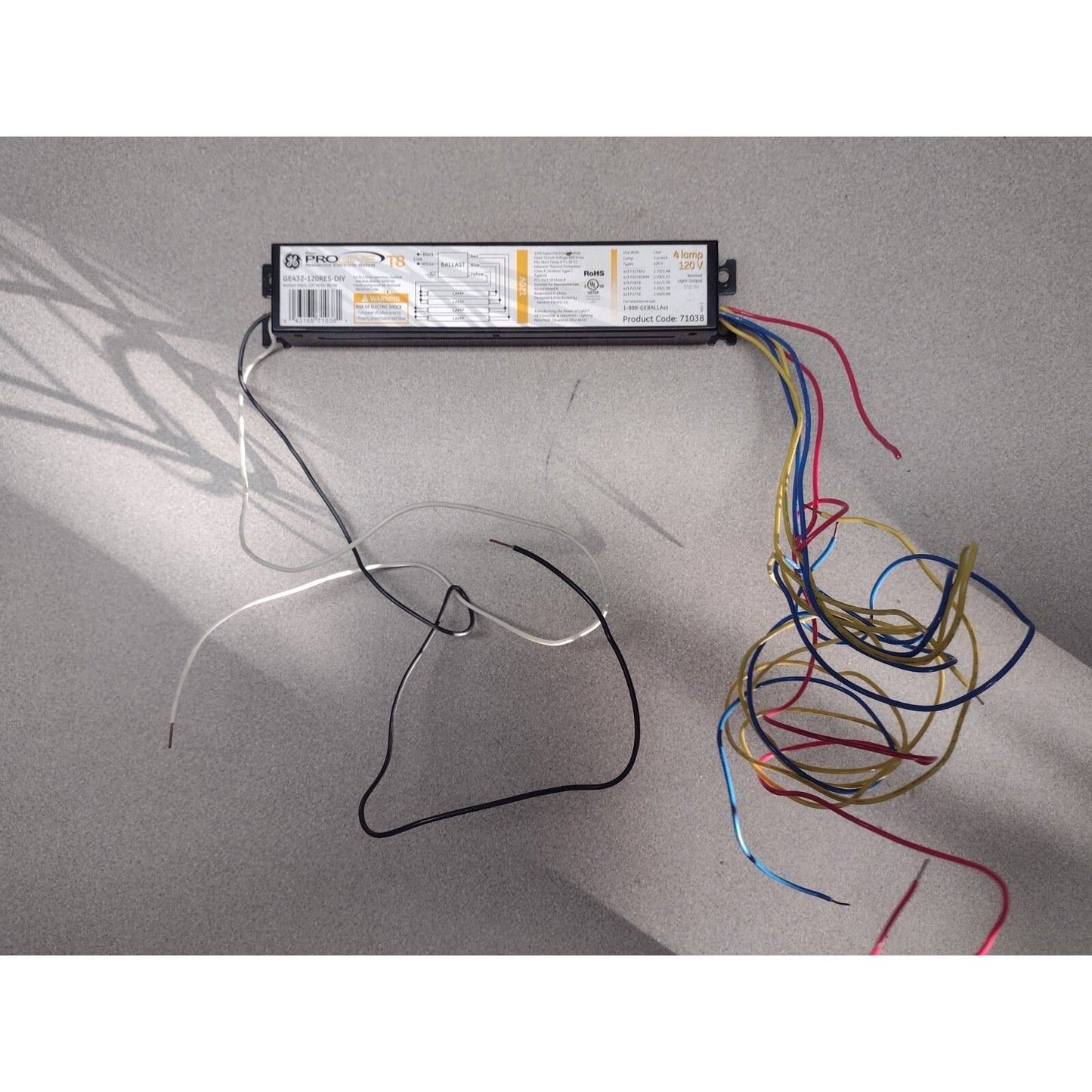 GE Resi-PROLINE Residential Electronic Ballast - Product Code 71038 full view including wiring