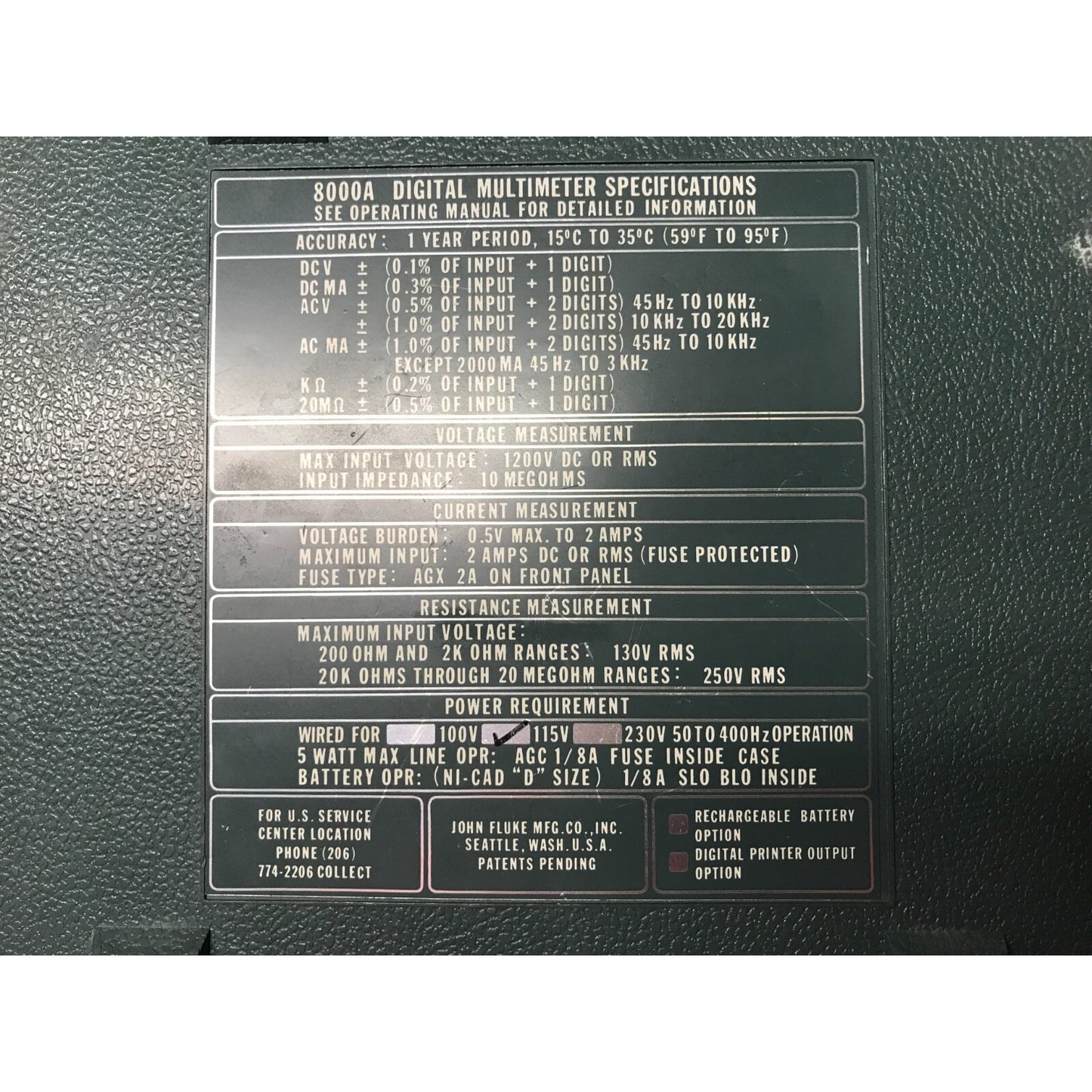 Hayes Instrument Fluke 8000A Digital Multimeter 2635201 product label closeup