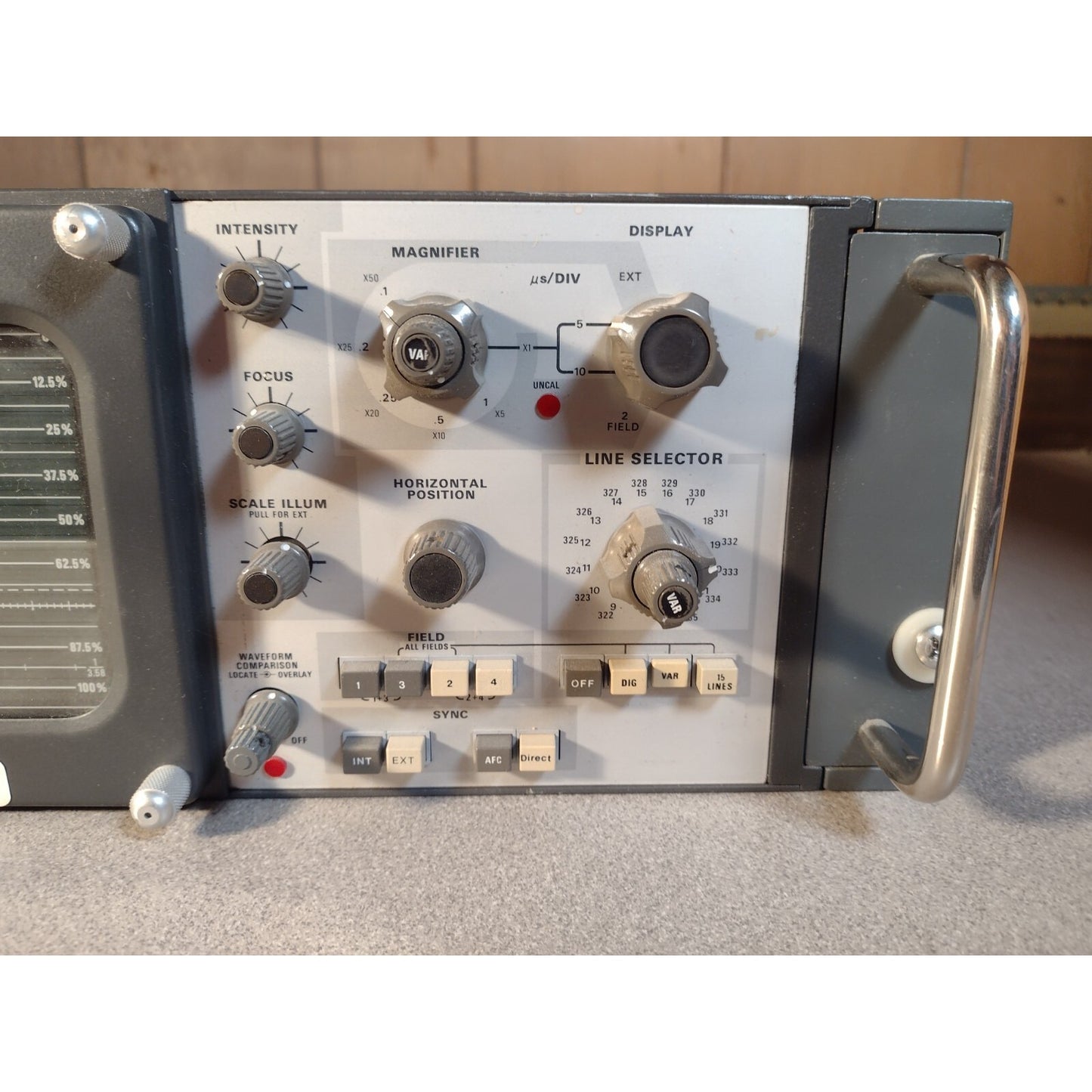 Tektronix 1485R Waveform Monitor closeup of front panel controls