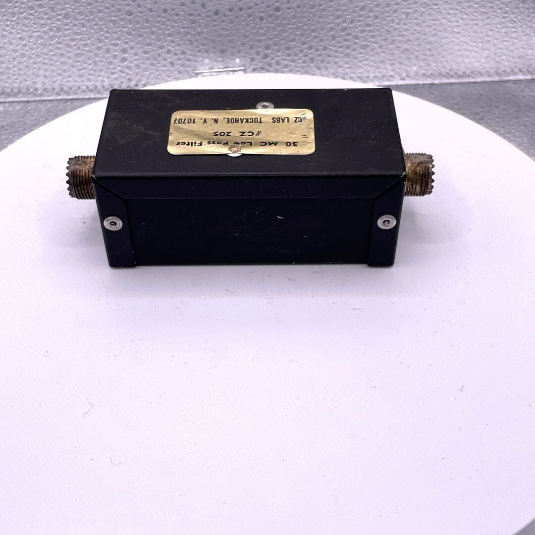 30 MC Low Pass Filter #CZ 205 front and top view with product label and connector on each end