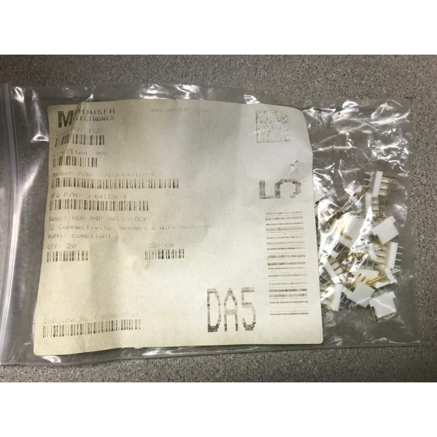 HDR 04P VRT F-Lock TE Connectivity Headers & Wire housings (Mouser electronics P/N 3-641126-4) product label on plastic bag containing connectors