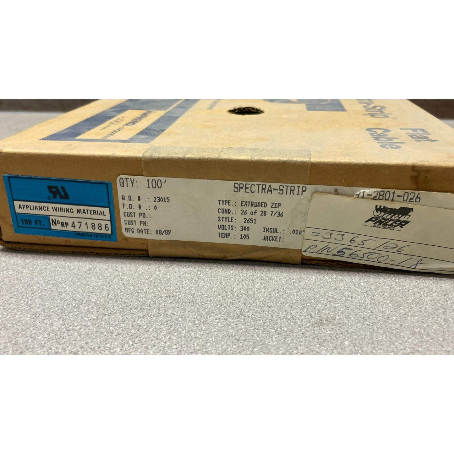 100' Amphenol SPECTRA STRIP 191-2801-026 Flat Cable Extruded Zip 300V Sealed Box product label closeup
