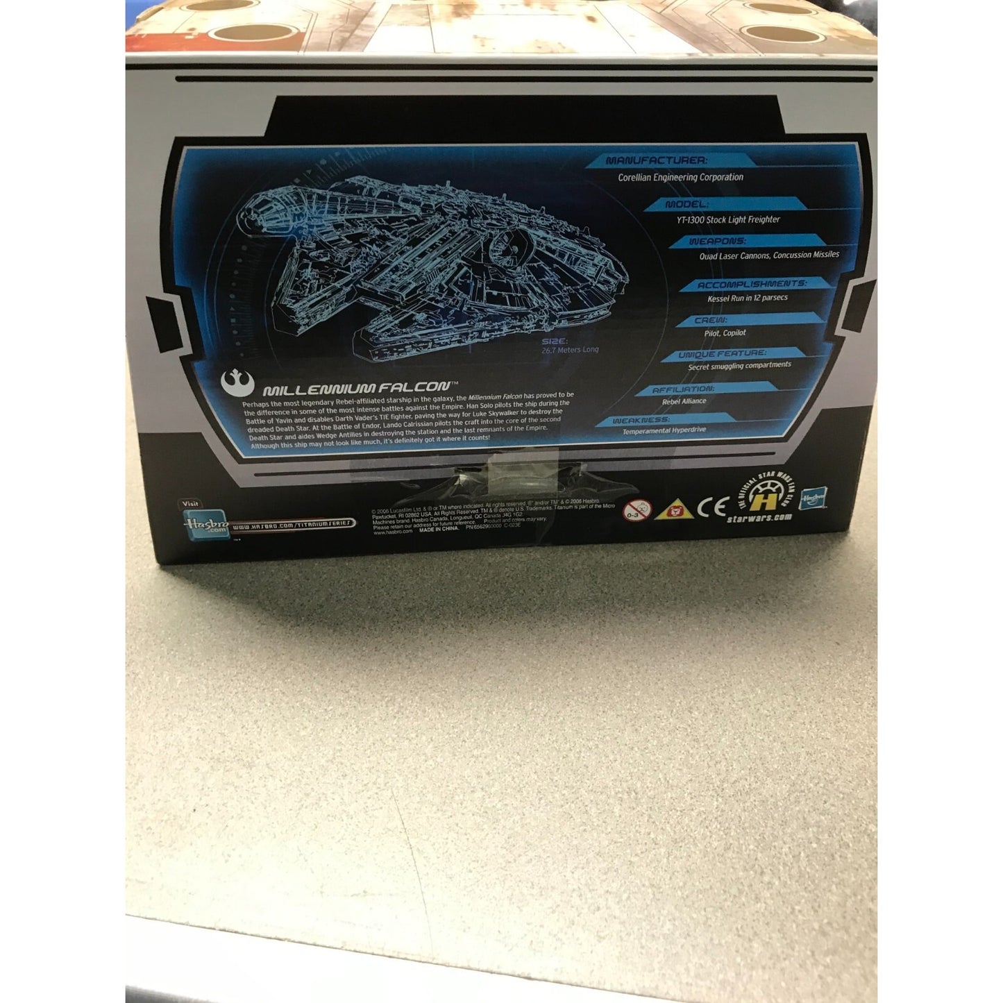 Star Wars Titanium Series Die Cast Millenium Falcon with Display Case back of box item detail