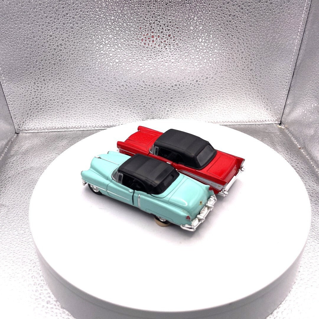 Welly Wind Up Car Lot of 2, 1857 Chevrolet Bel Air Red, 1953 Cadillac Eldorado Teal driver's side/rear view