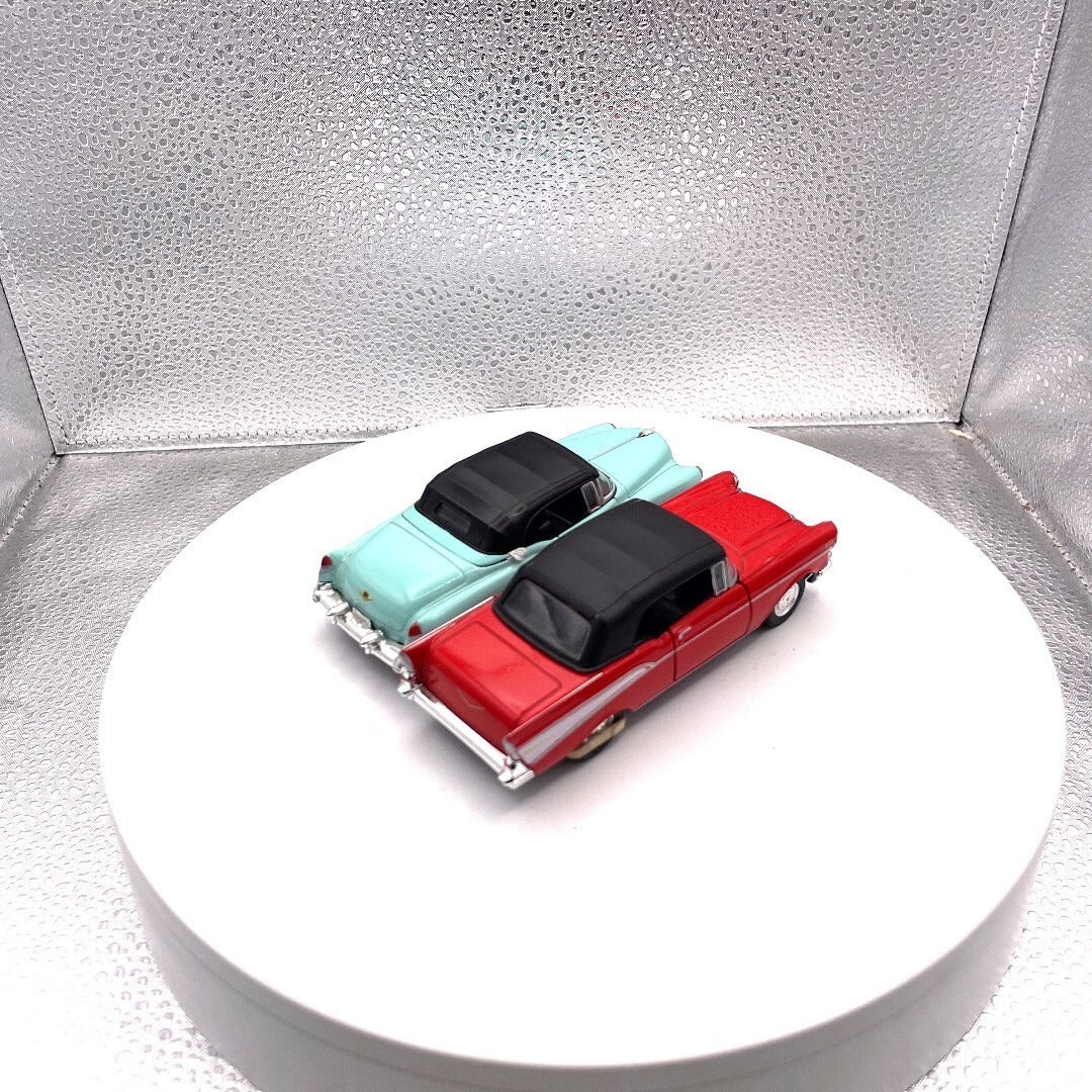 Welly Wind Up Car Lot of 2, 1857 Chevrolet Bel Air Red, 1953 Cadillac Eldorado Teal rear/passenger side view