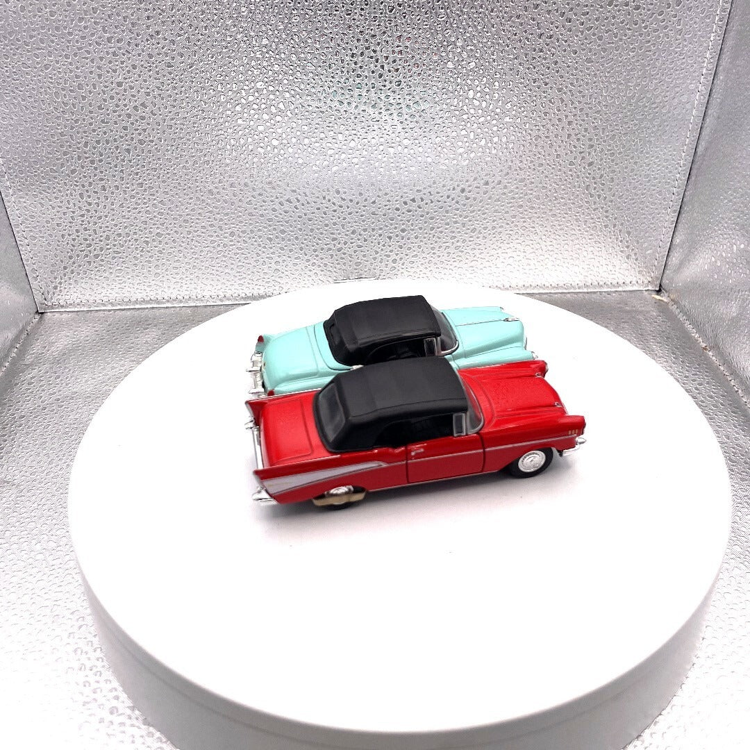 Welly Wind Up Car Lot of 2, 1857 Chevrolet Bel Air Red, 1953 Cadillac Eldorado Teal passenger side view