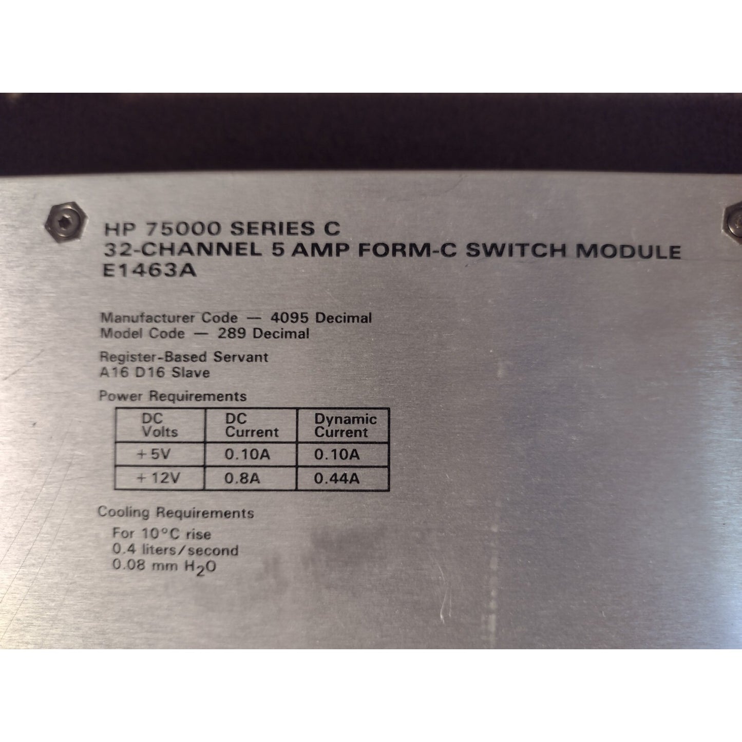 AGILENT HP E1463A 32-Channel, 5 Amp, Form C VXI Switch product label closeup