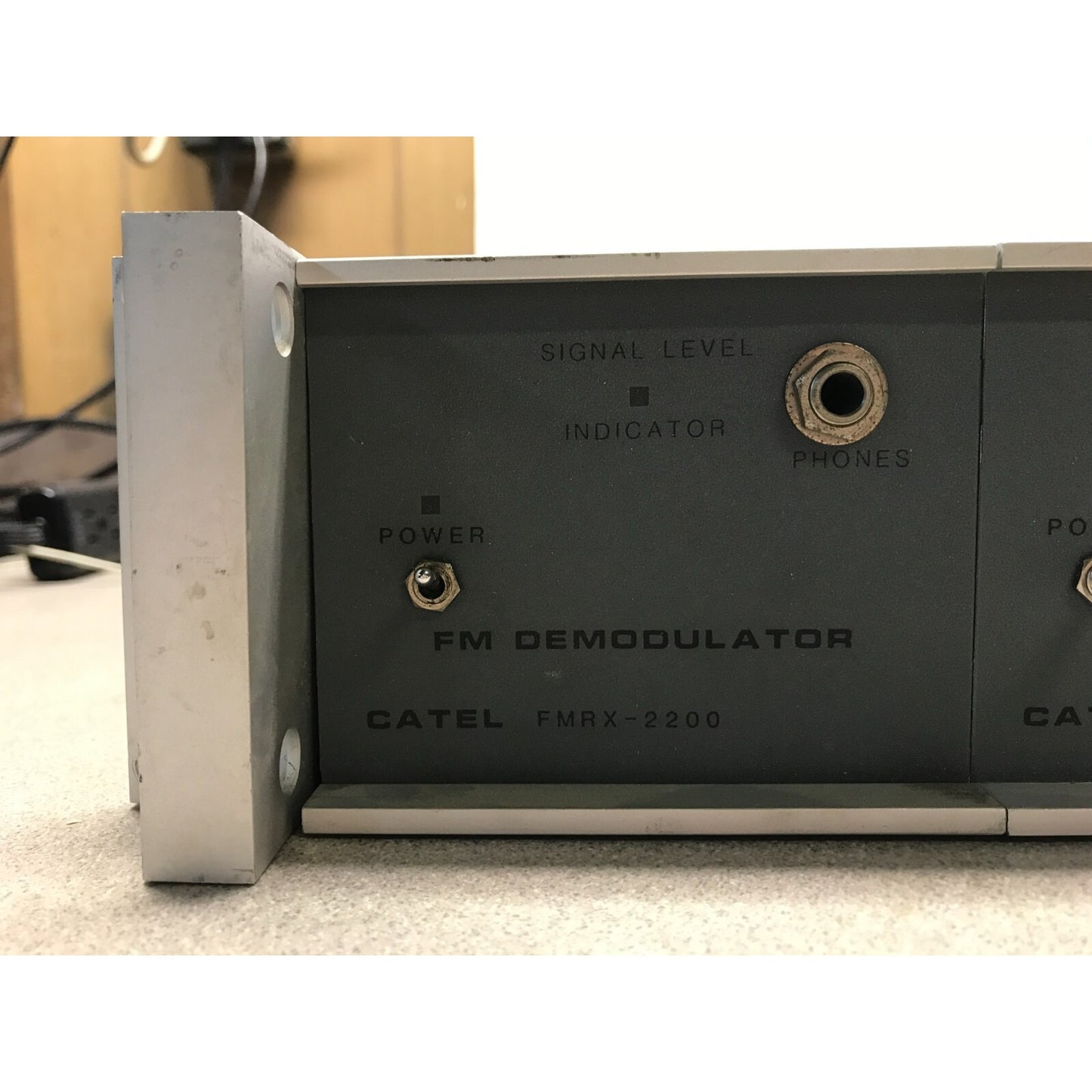 Catel FMRX-220 FM Demodulator 3 FM Audio Demodulators in Chassis w/ Power Supply front panel cconnections closeup