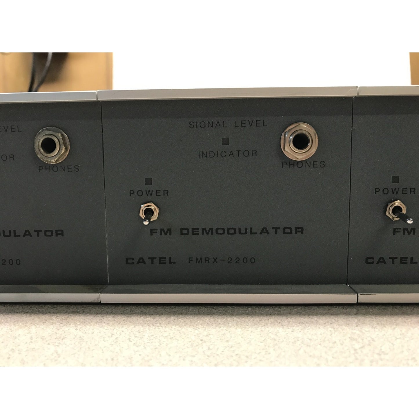 Catel FMRX-220 FM Demodulator 3 FM Audio Demodulators in Chassis w/ Power Supply front panel connections closeup
