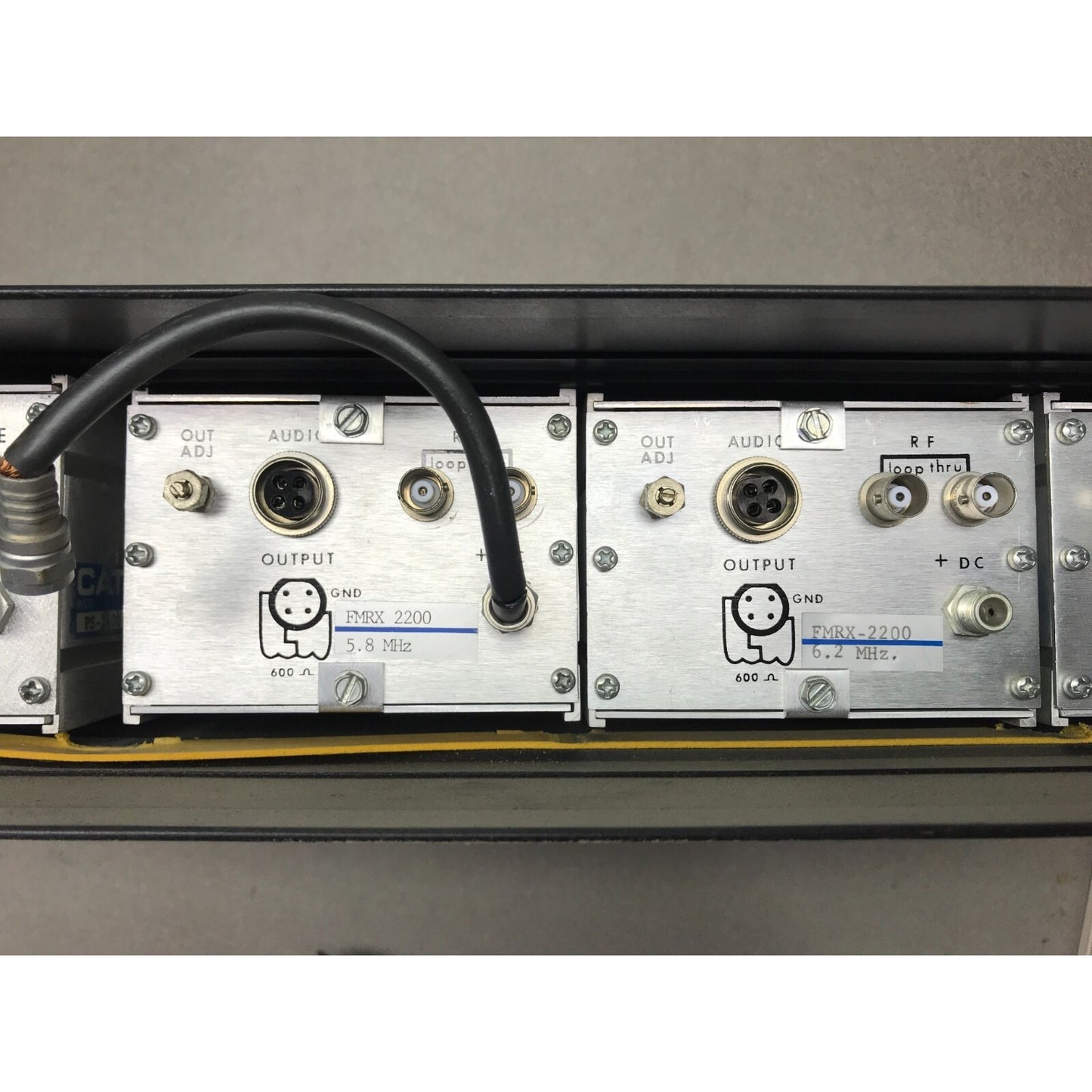 Catel FMRX-220 FM Demodulator 3 FM Audio Demodulators in Chassis w/ Power Supply back panel connections closeup