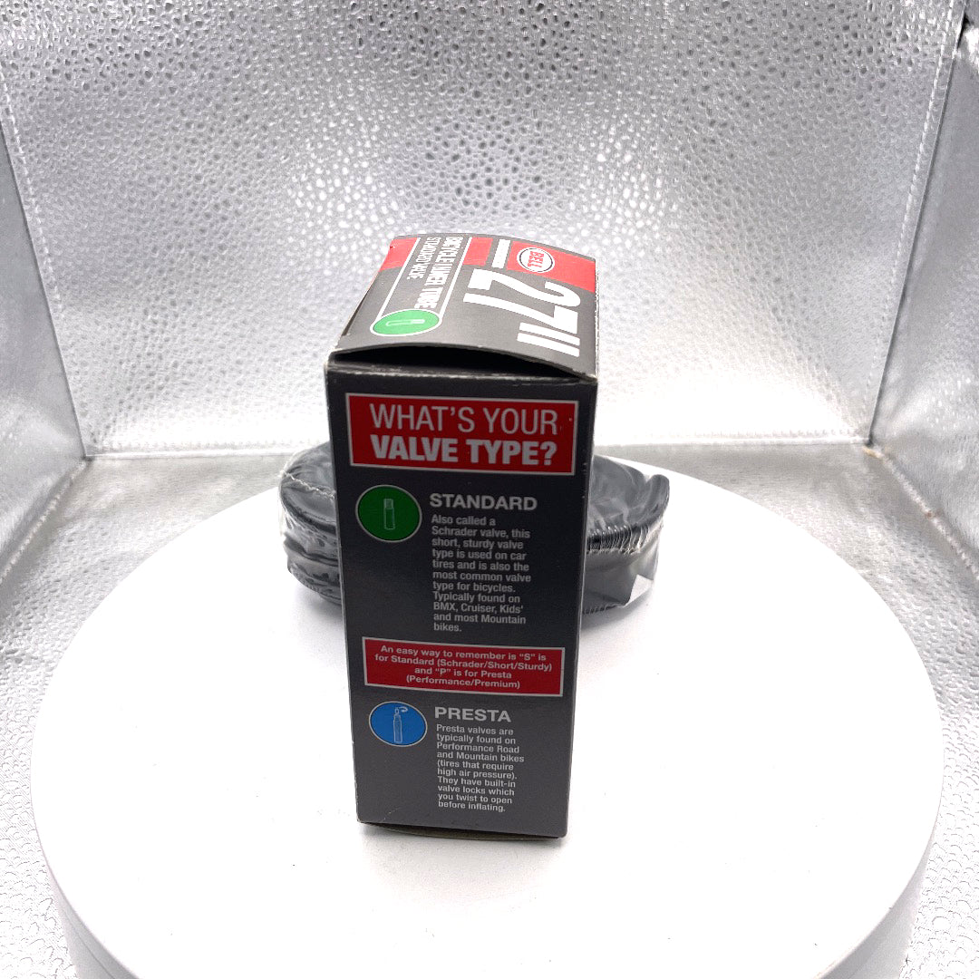 Bell 27" Bicycle Inner Tube Standard Valve, Fits Widths: 1 1/8" - 1 1/4" side of box valve types defined