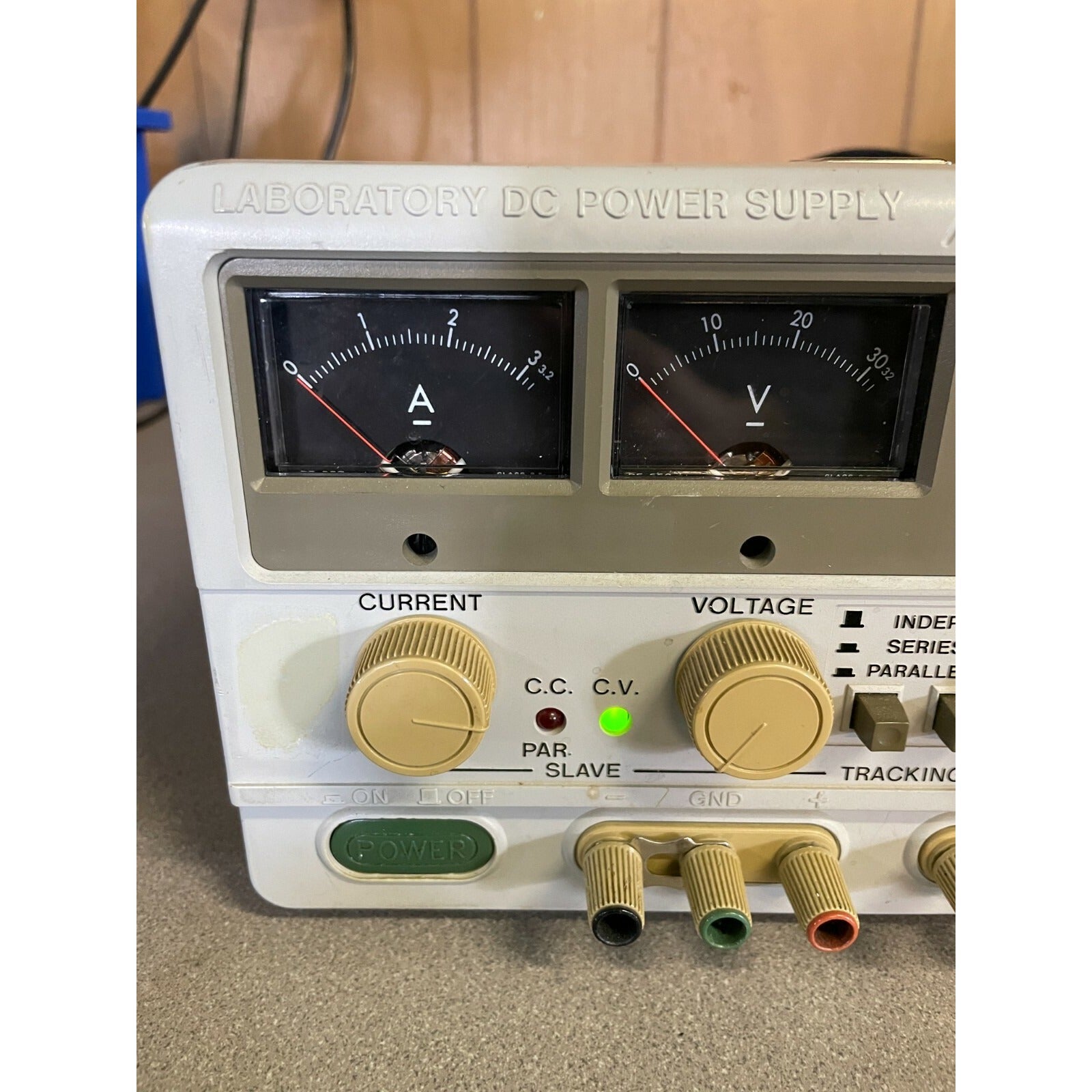 Instek Lab DC Power Supply Model PC-3030, Dual Tracking with 5V Fixed left side of front panel close up