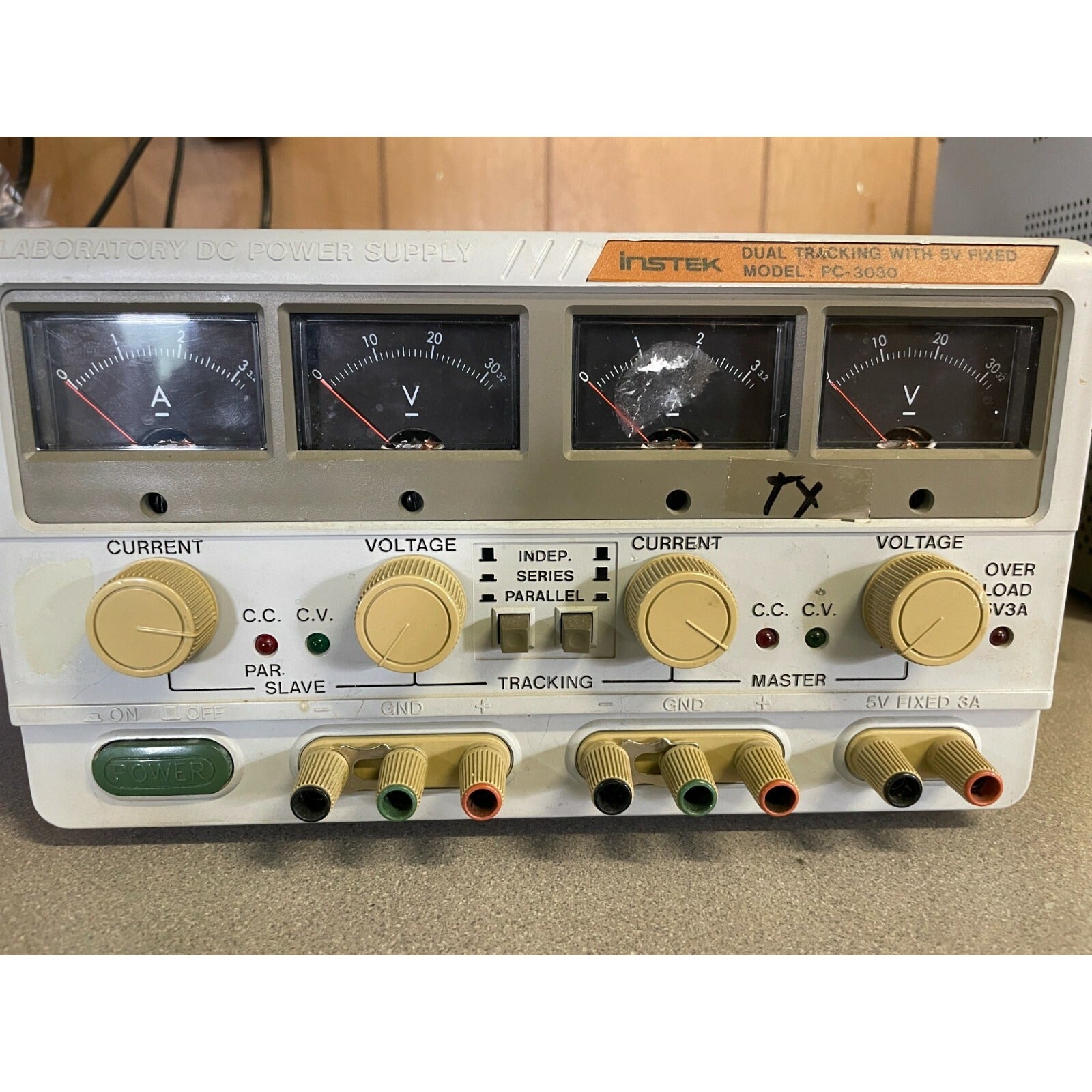 Instek Lab DC Power Supply Model PC-3030, Dual Tracking with 5V Fixed front panel closeup