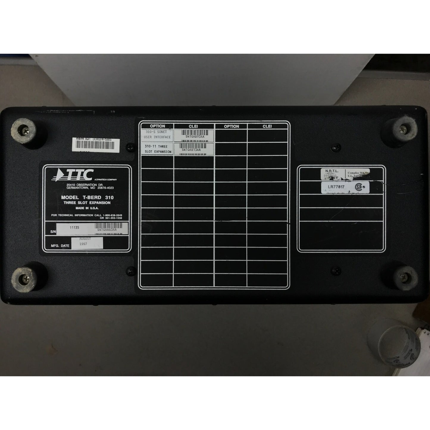 T-Berd TTC 310 Communications Analyzer bottom with mfg labels