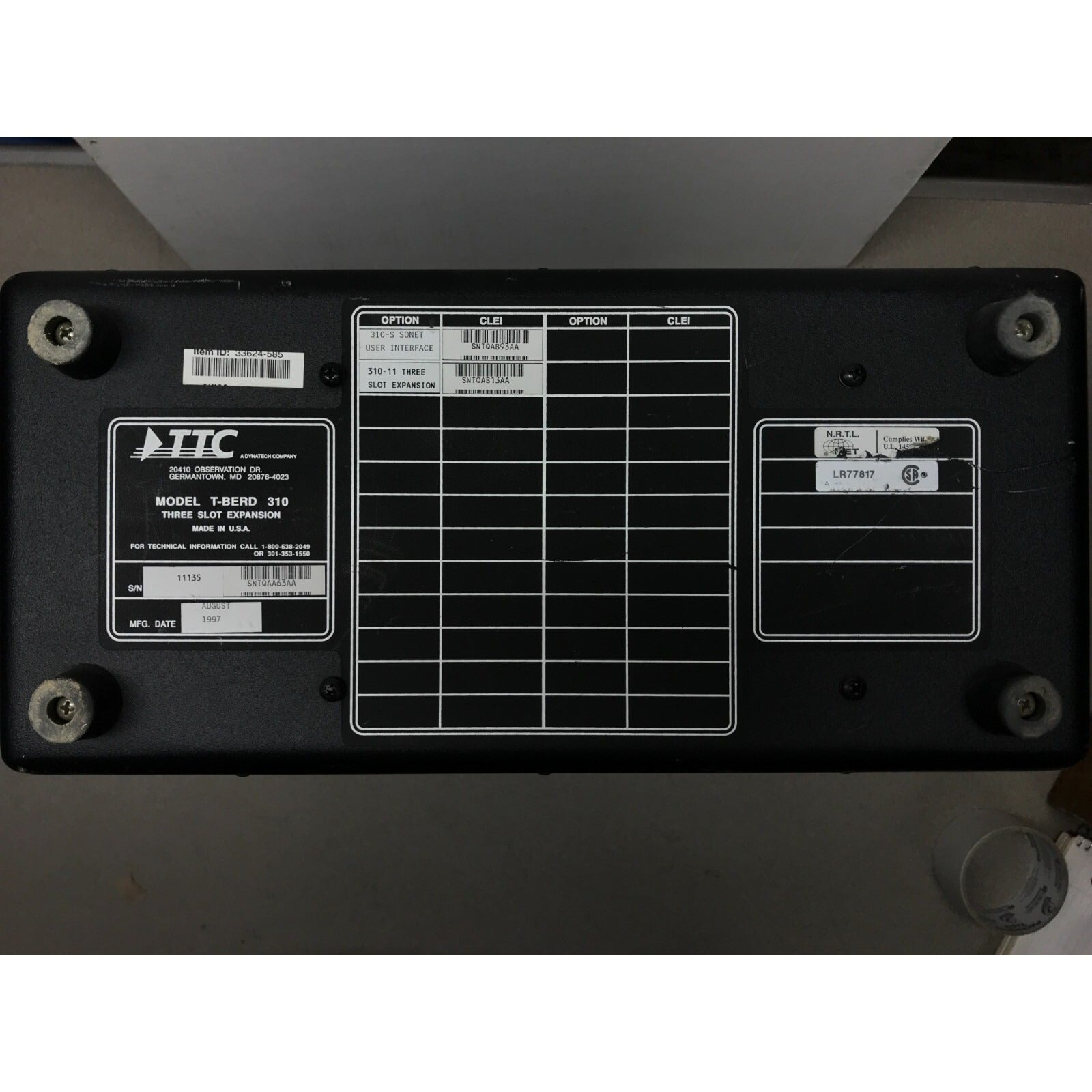 T-Berd TTC 310 Communications Analyzer bottom with mfg labels