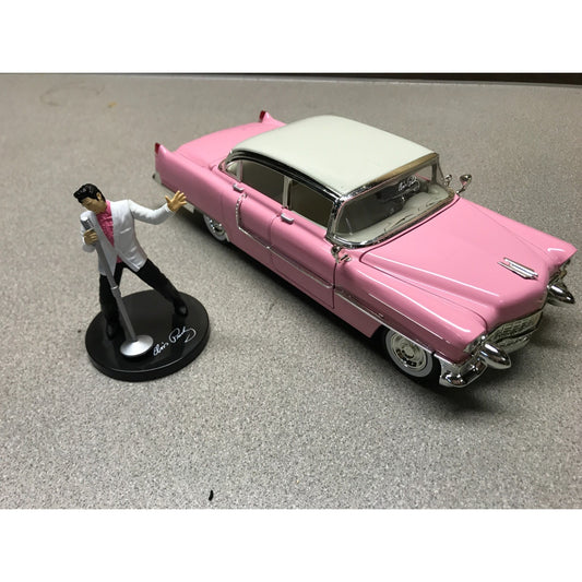 1955 Cadillac Fleetwood Elvis Presley Pink with Elvis Figurine - Jada Die Cast 1:24 Scale front/passenger side view of Cadillac with Elvis figurine