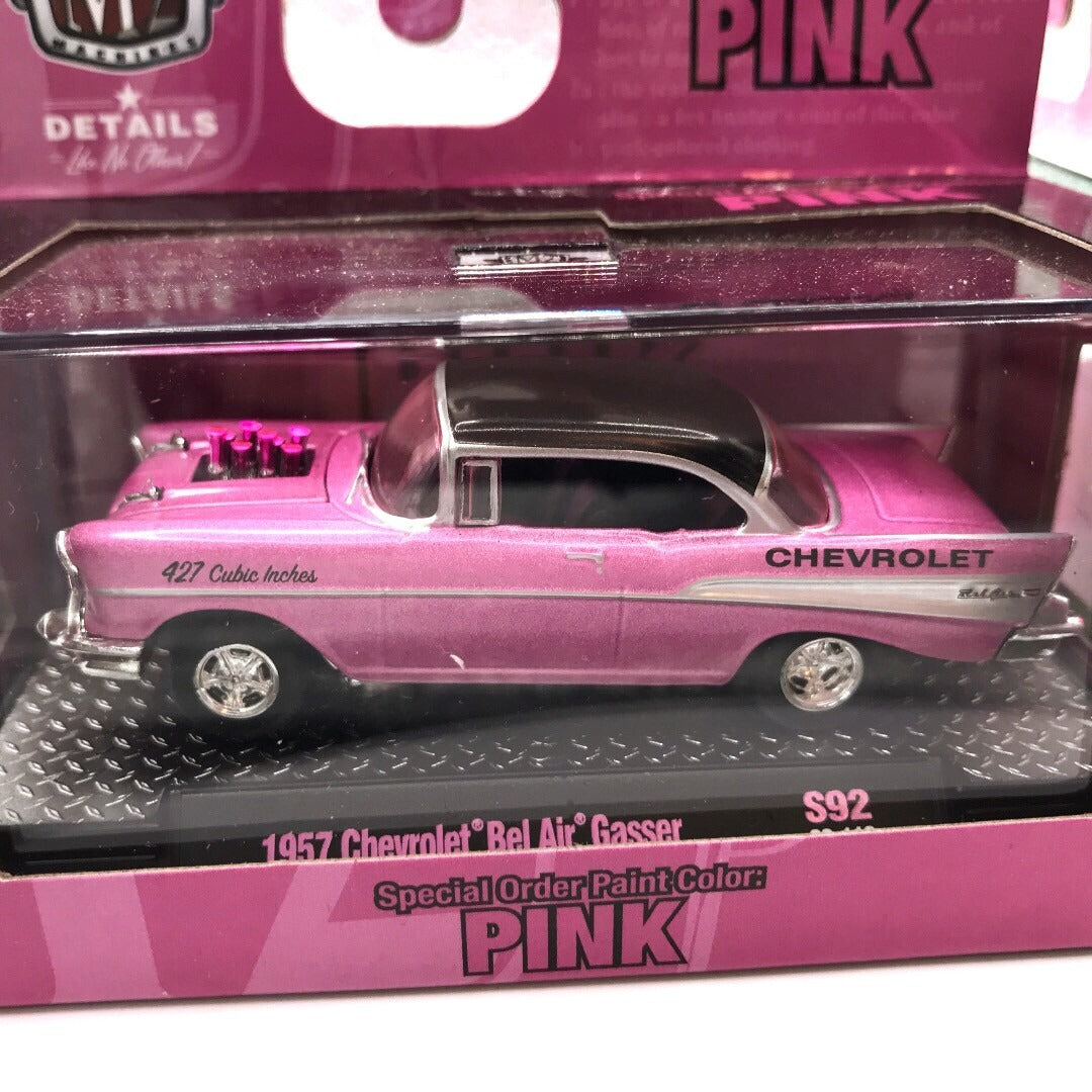 M2 Pink Cars Set of 3 - Includes 1985 Chevrolet Camaro IROC-Z, 1957 Chevrolet Bel Air Gasser, and 1987 Ford Mustang GT - Custom 