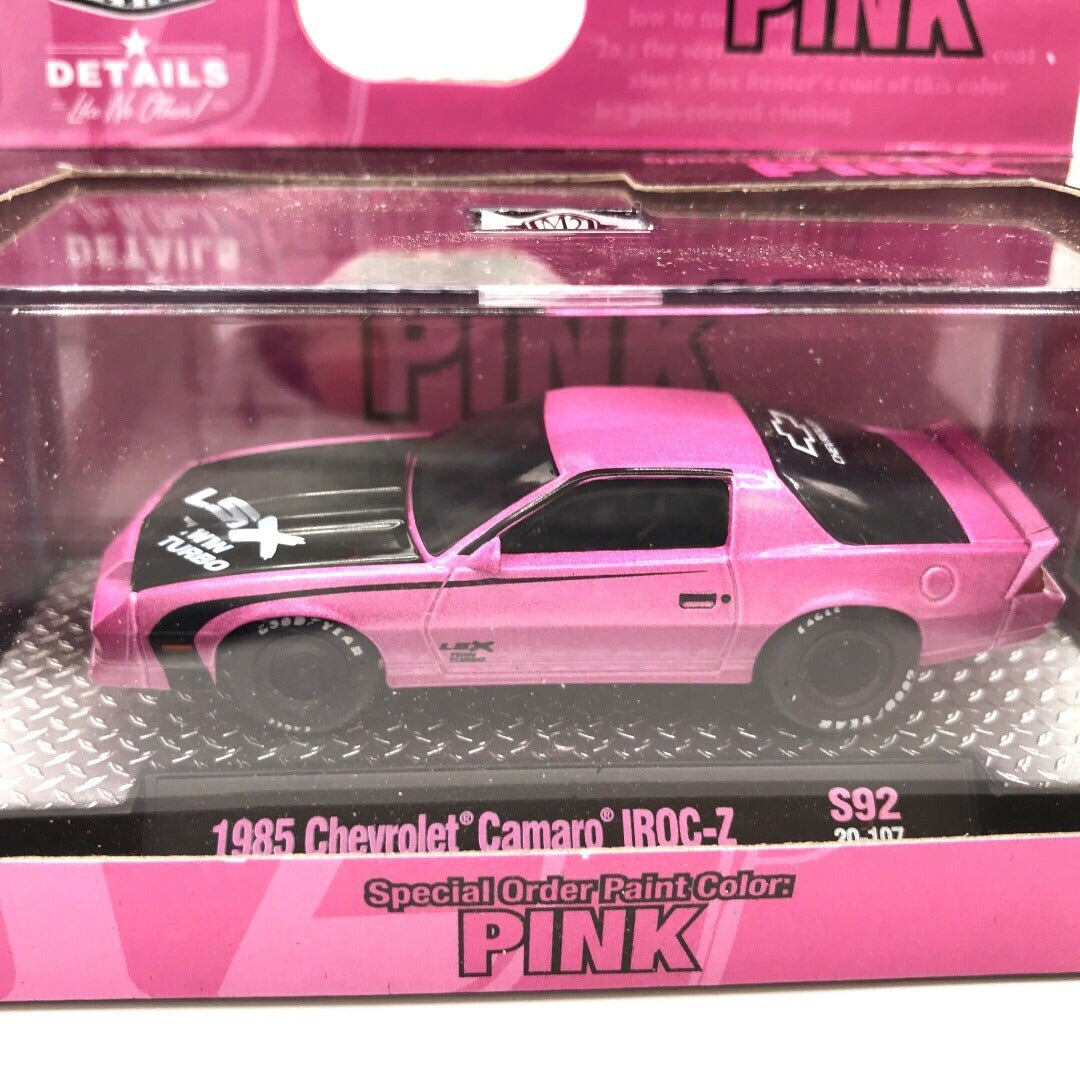 M2 Pink Cars Set of 3 - Includes 1985 Chevrolet Camaro IROC-Z, 1957 Chevrolet Bel Air Gasser, and 1987 Ford Mustang GT - Custom