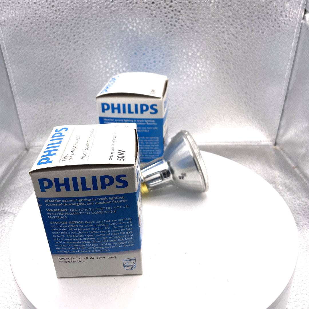 Philips Halogen PAR20 Flood Light Bulb 50W 3000h 120V Lot of 2 Bulbs side of box