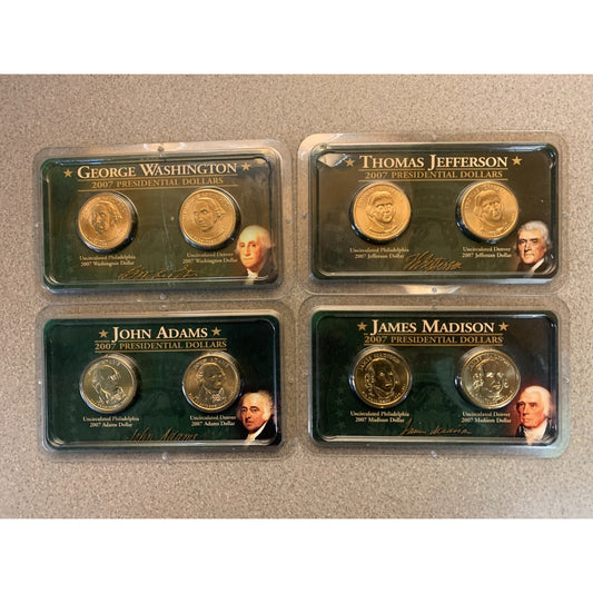 2007 Presidential $1 Coins - Includes Washington, Adams, Jefferson, and Madison P+D 2 coin sets
