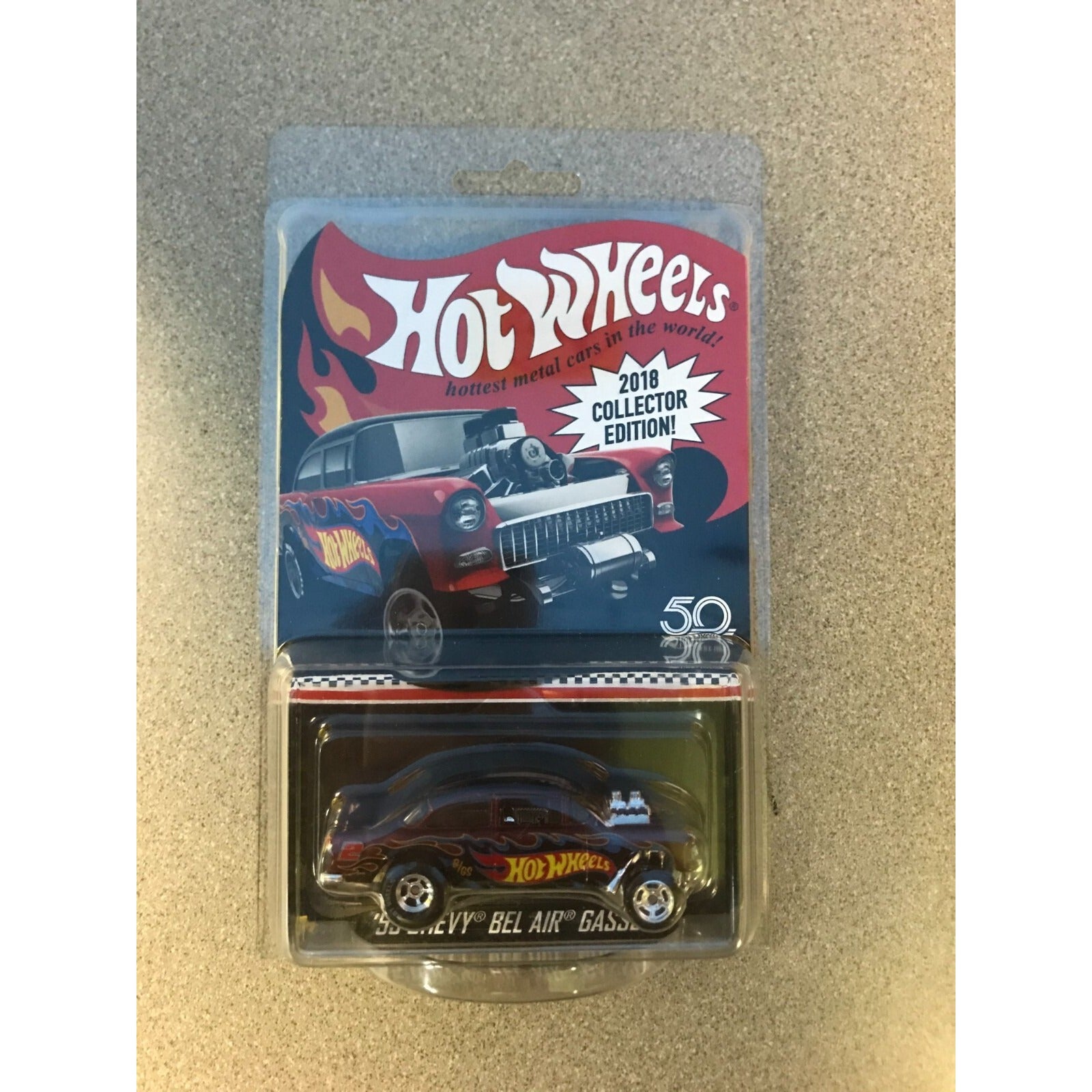 2018 Collector Edition Hot Wheels HW '55 Chevy Bel Air Gasser 50th Anniversary front of package displaying car