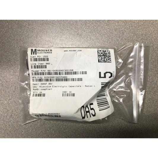 220UF 35V UCC Aluminum Electrolytic Capacitors - Radial Leaded package with product label