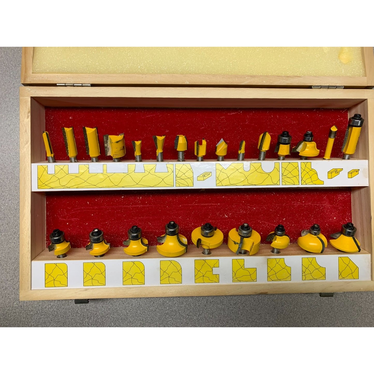 24pc Router Bit Set Carb-Tech bits in case with diagram of bit shape below each bit