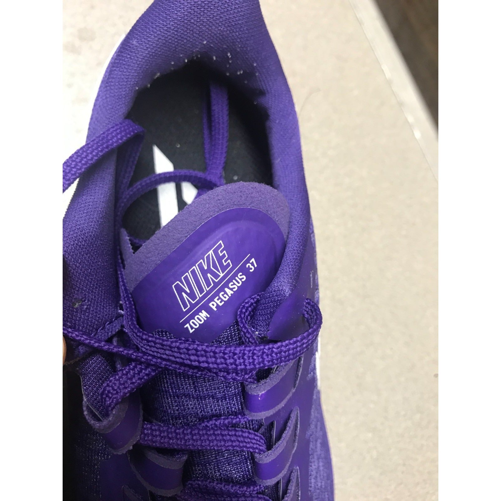 Nike Zoom Pegasus 37 Purple US Women 9, Lightly Used closeup of tongue with Nike logo and model 